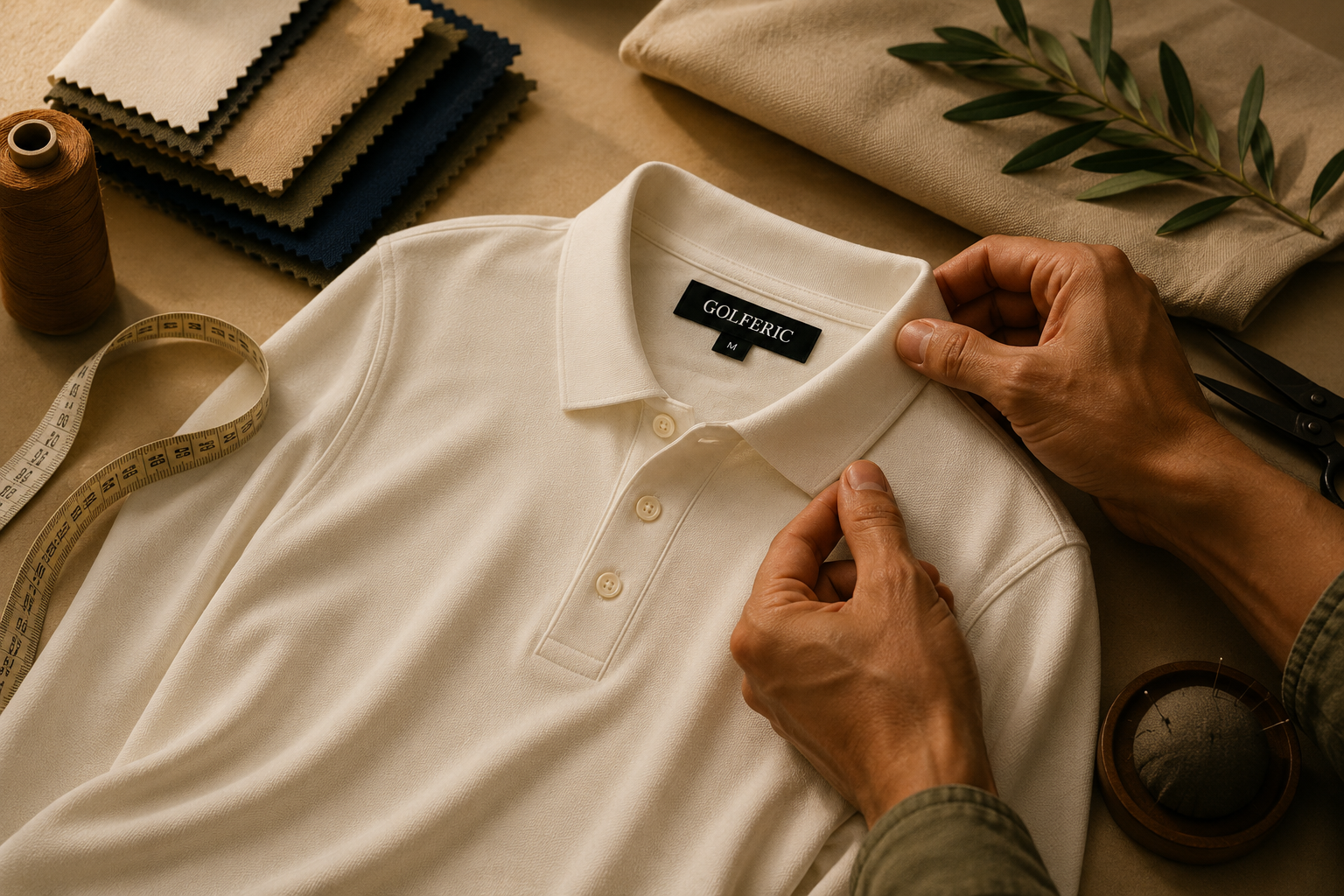 Hands adjusting the collar of an ivory Golferic polo with tailoring tools and fabric swatches