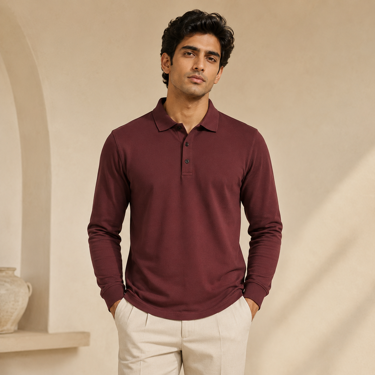 Long Sleeve Polo Burgundy fit image